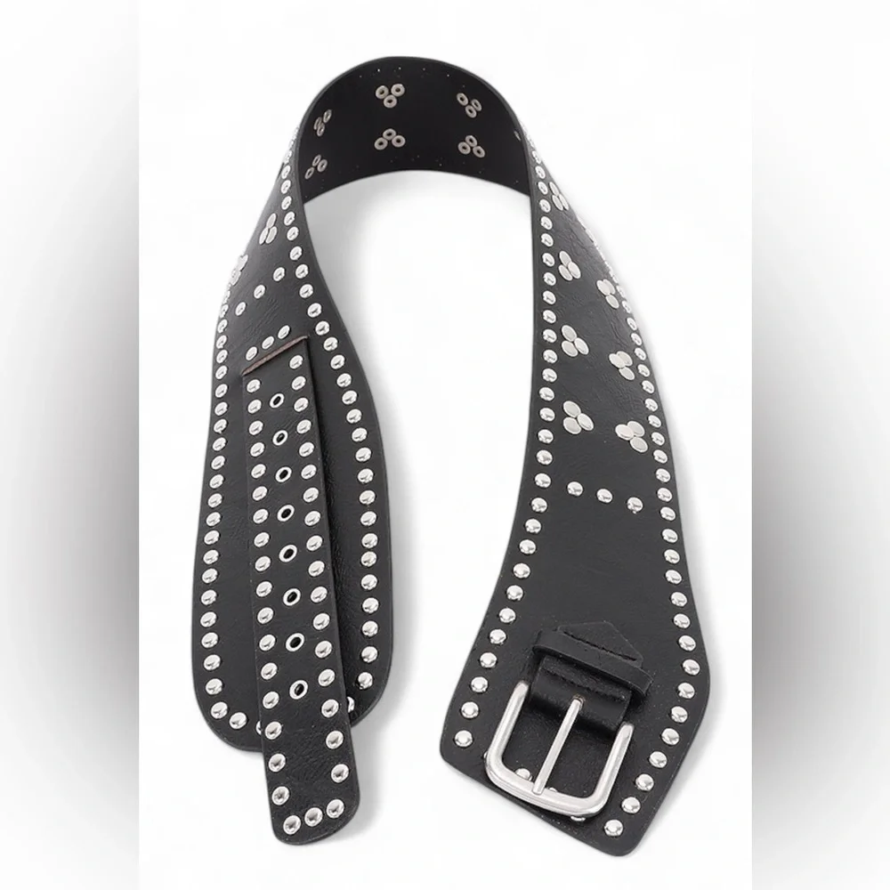 Vegan Leather Studded Statement Belt - Black, Brown, White